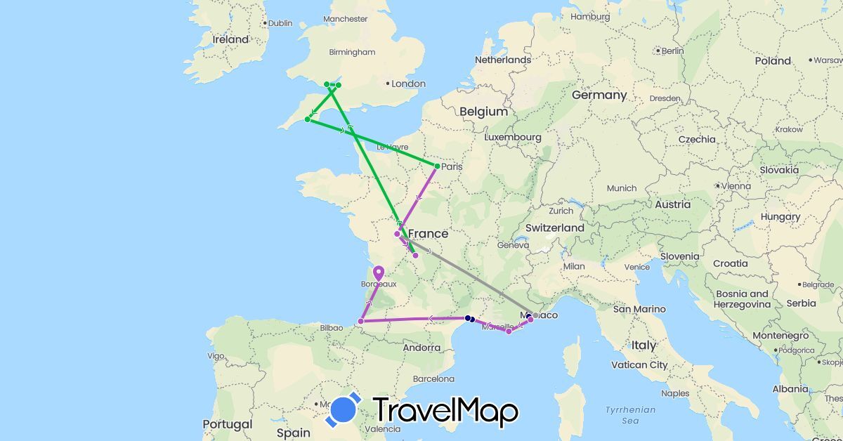 TravelMap itinerary: driving, bus, plane, train in France, United Kingdom (Europe)
